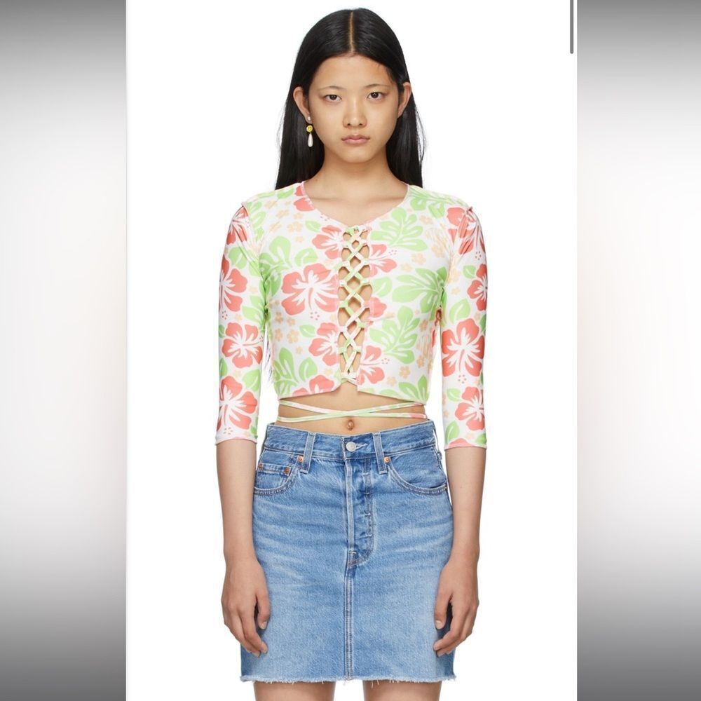 NWT OMIGHTY white hibiscus cut-out t-shirt/lace up sweatshirt green pink& orange